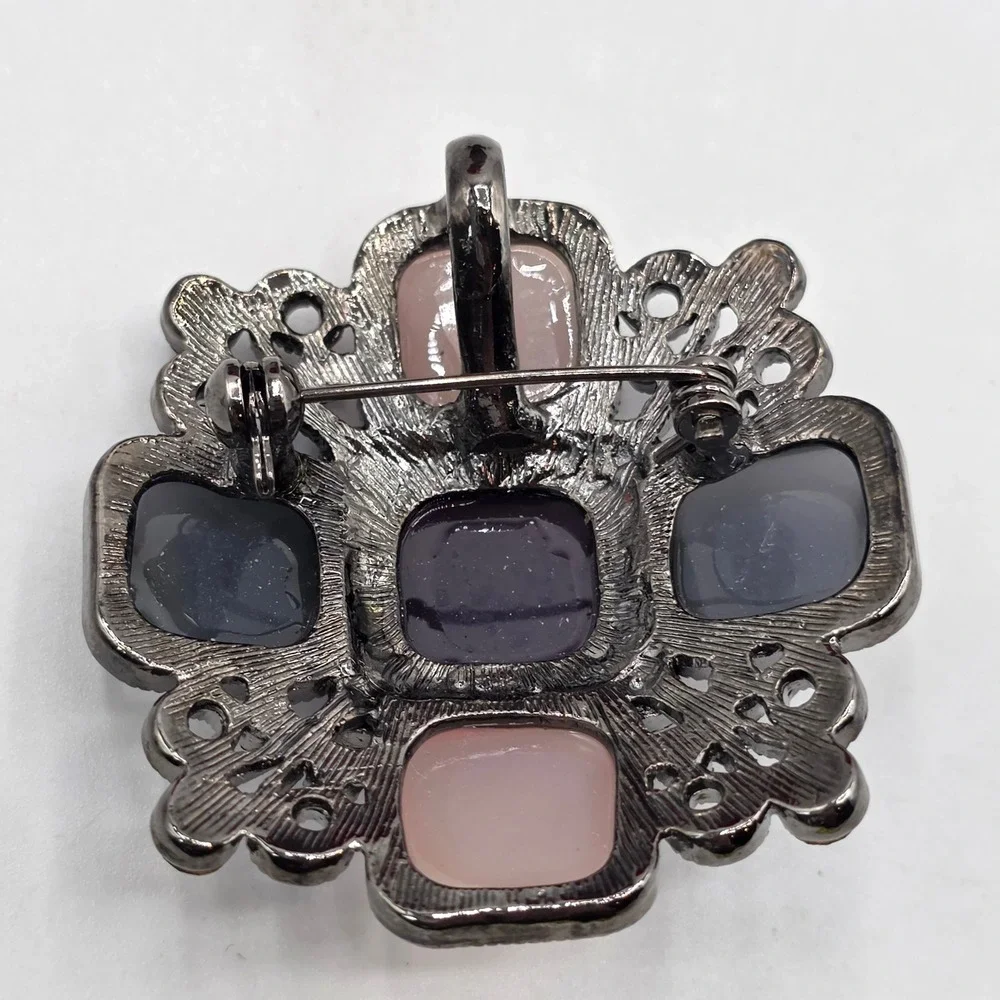 Gunmetal Pink Gray Cabochon Blue Rhinestone Filigree Brooch Pendant Statement